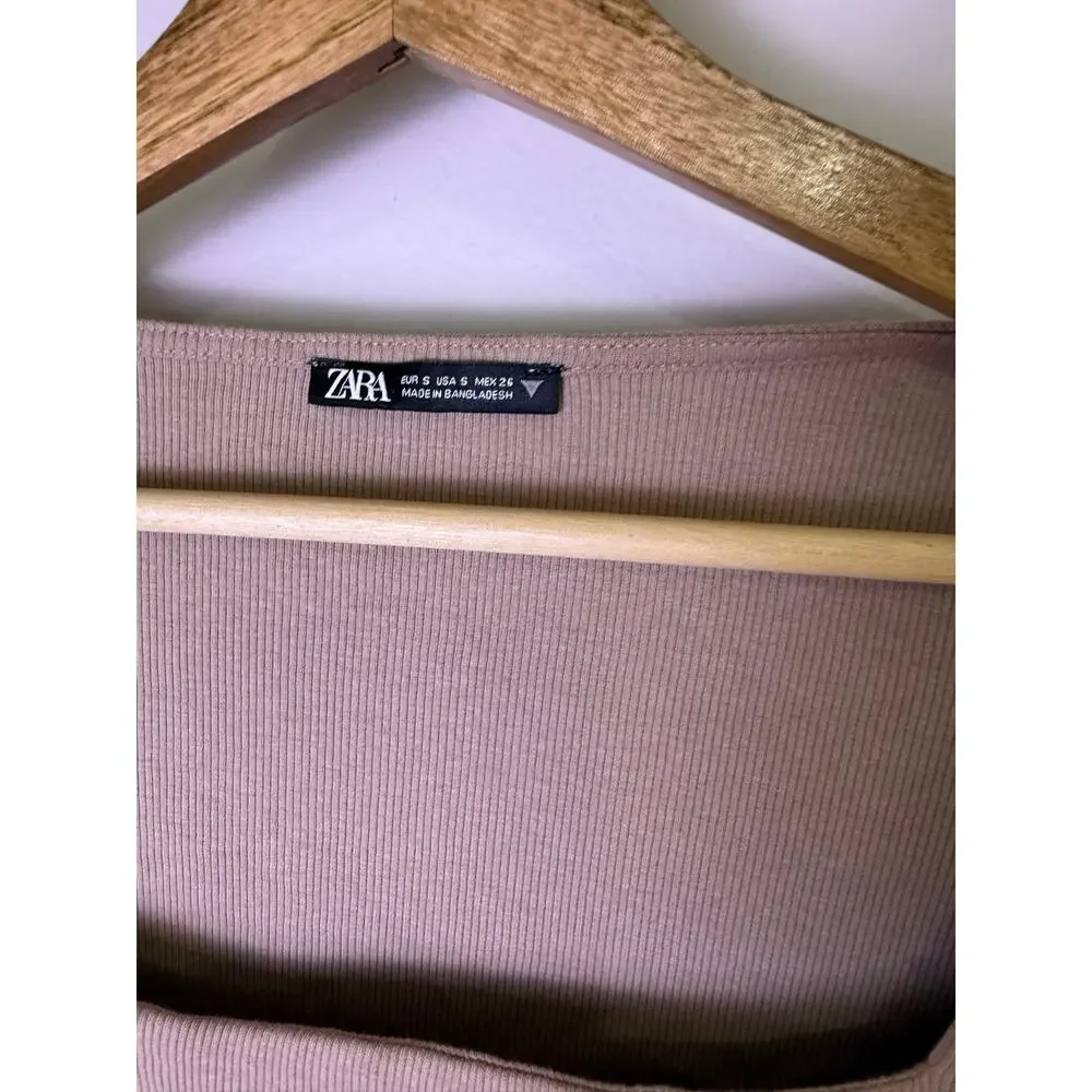 Zara Ribbed Square Neck Long Sleeve Crop Top Taupe Beige Size Small